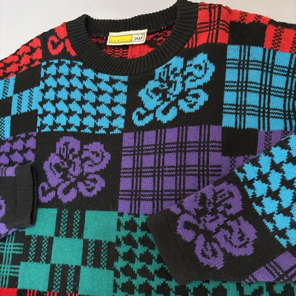Vintage Traffic Jam Women's Sweater Dress Patchwork Graphic Knit Made‎ USA
